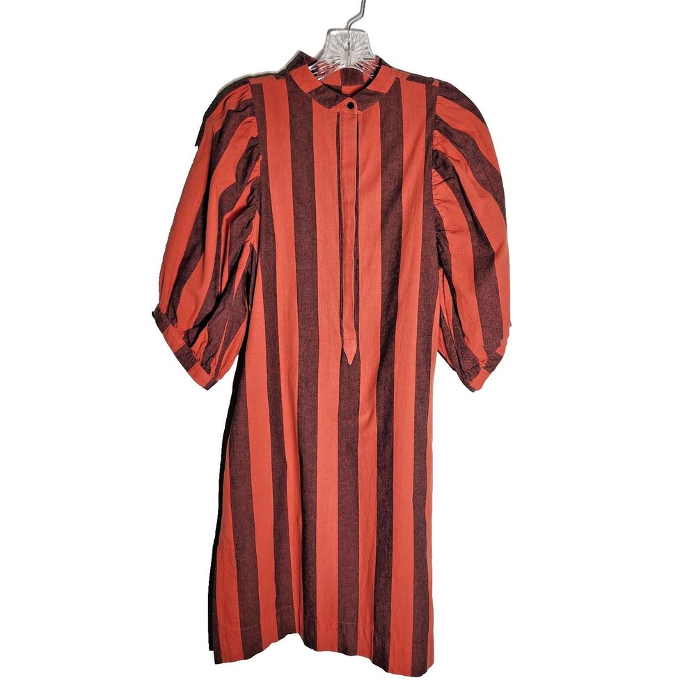 Heidi Merrick‎ Dress Size S Orange Blue Vertical Stripe Puff Sleeves Pockets